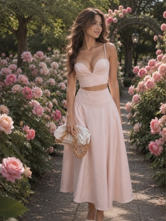 House of CB Dresses & Skirts - Women's Pink Satin Midi Skirt - Elegant High-Waist A-Line